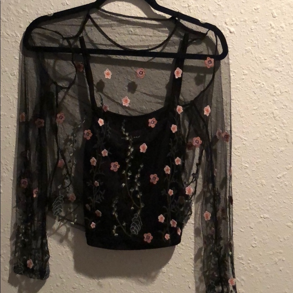 Trendy Black Embroidered Mesh Top